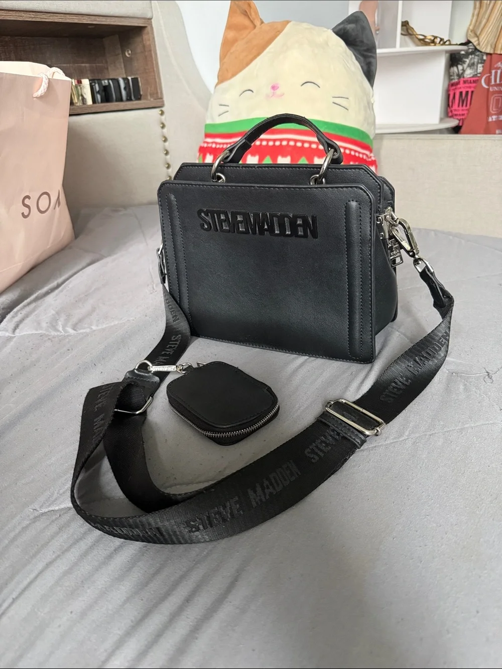 Steve Madden Black Structured Crossbody Bag with Removable Strap